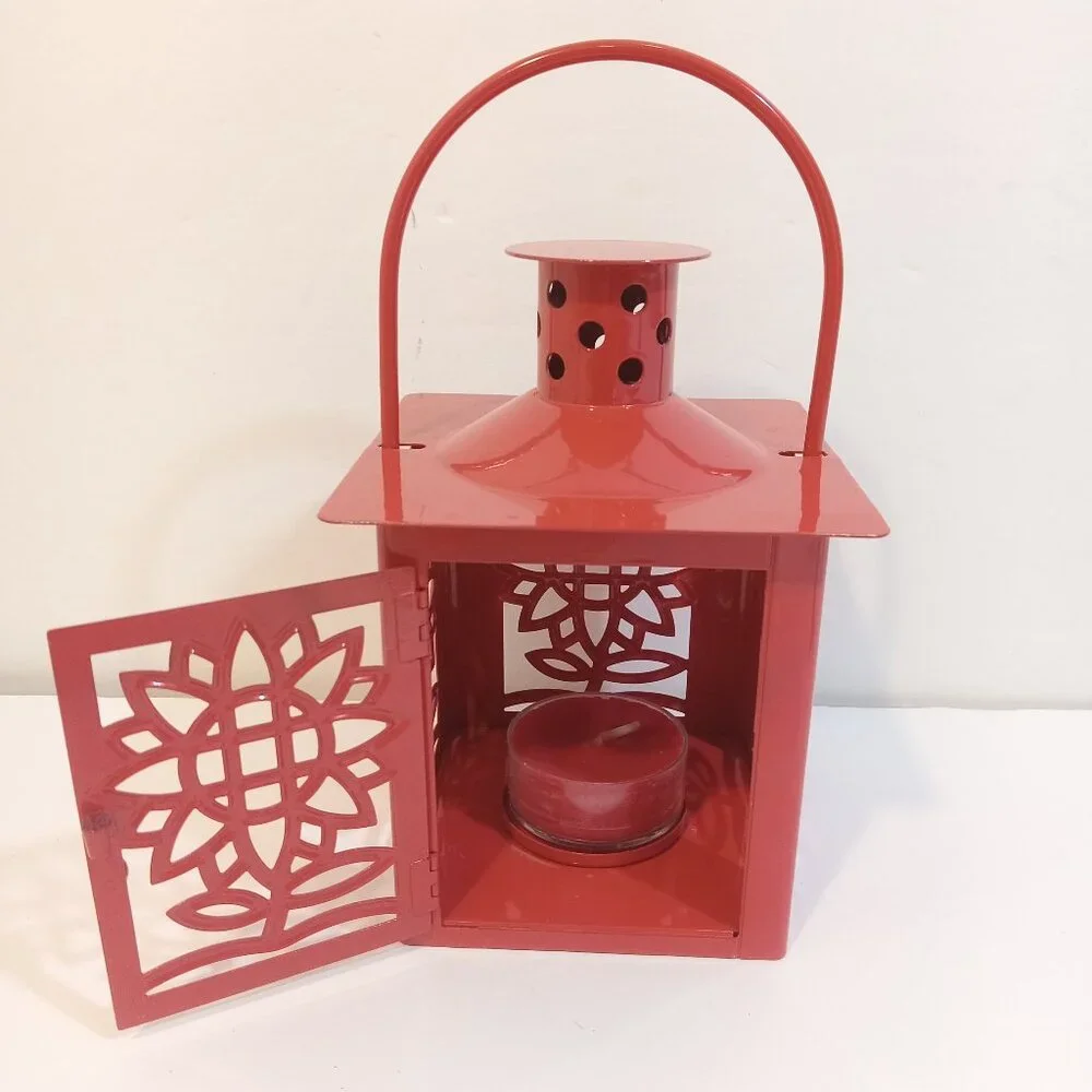 HMK Lantern Candle Tea Light Holder Red Metal Floral Door Opens Handle Free Gift